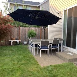 allen + roth 11-ft Aluminum Blue Crank Cantilever Patio Umbrella with Lights with Base