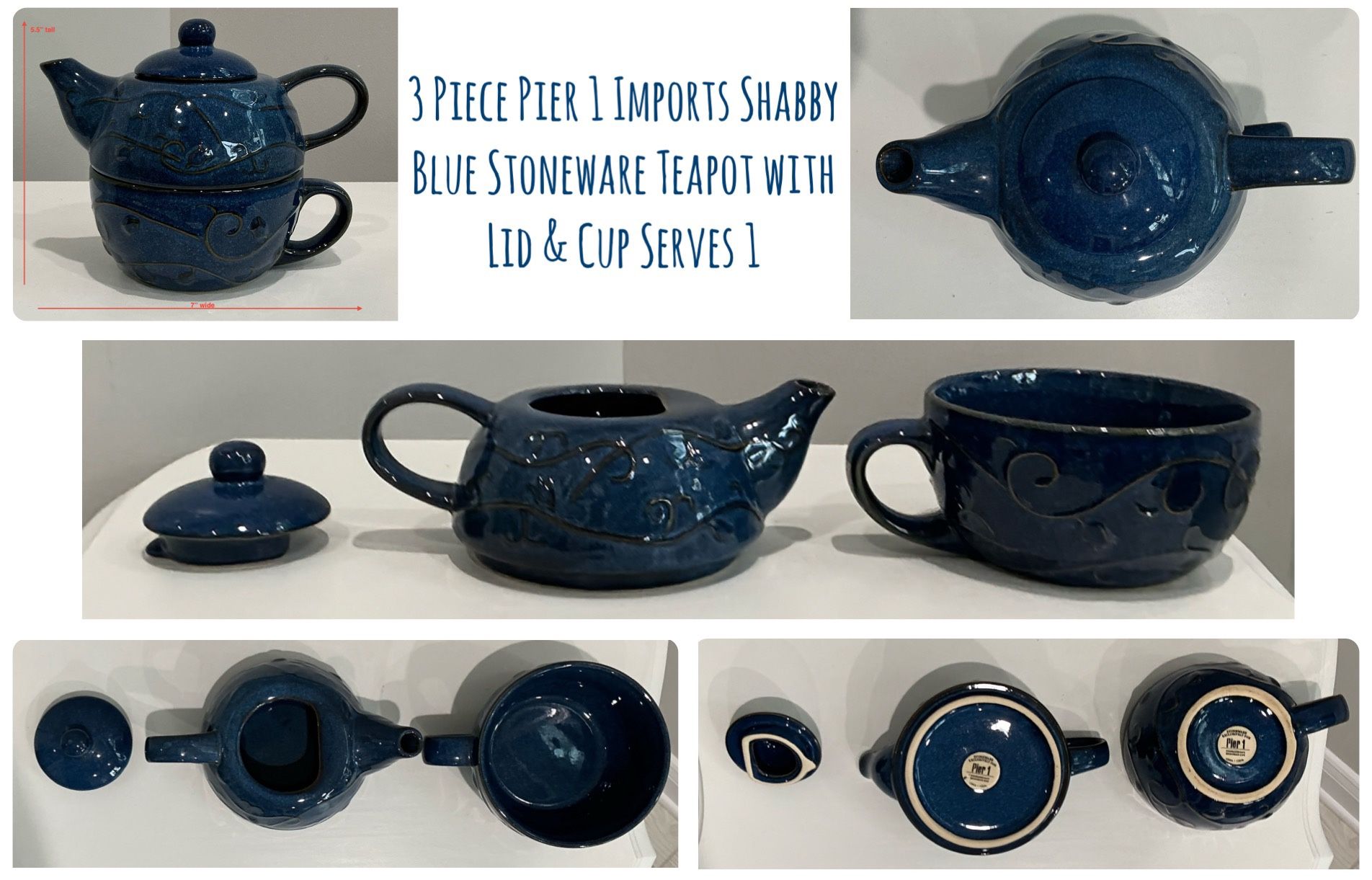 3 Piece Pier 1 Imports Shabby Blue Stoneware Teapot with Lid & Cup Serves 1
