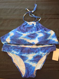 Blue Tie-Dye High Neck Two-Piece Swimsuit Size XXL