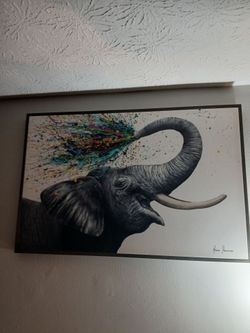 Signed Alwin Harisson Elephant Mask Artwork in Wooden Frame"
