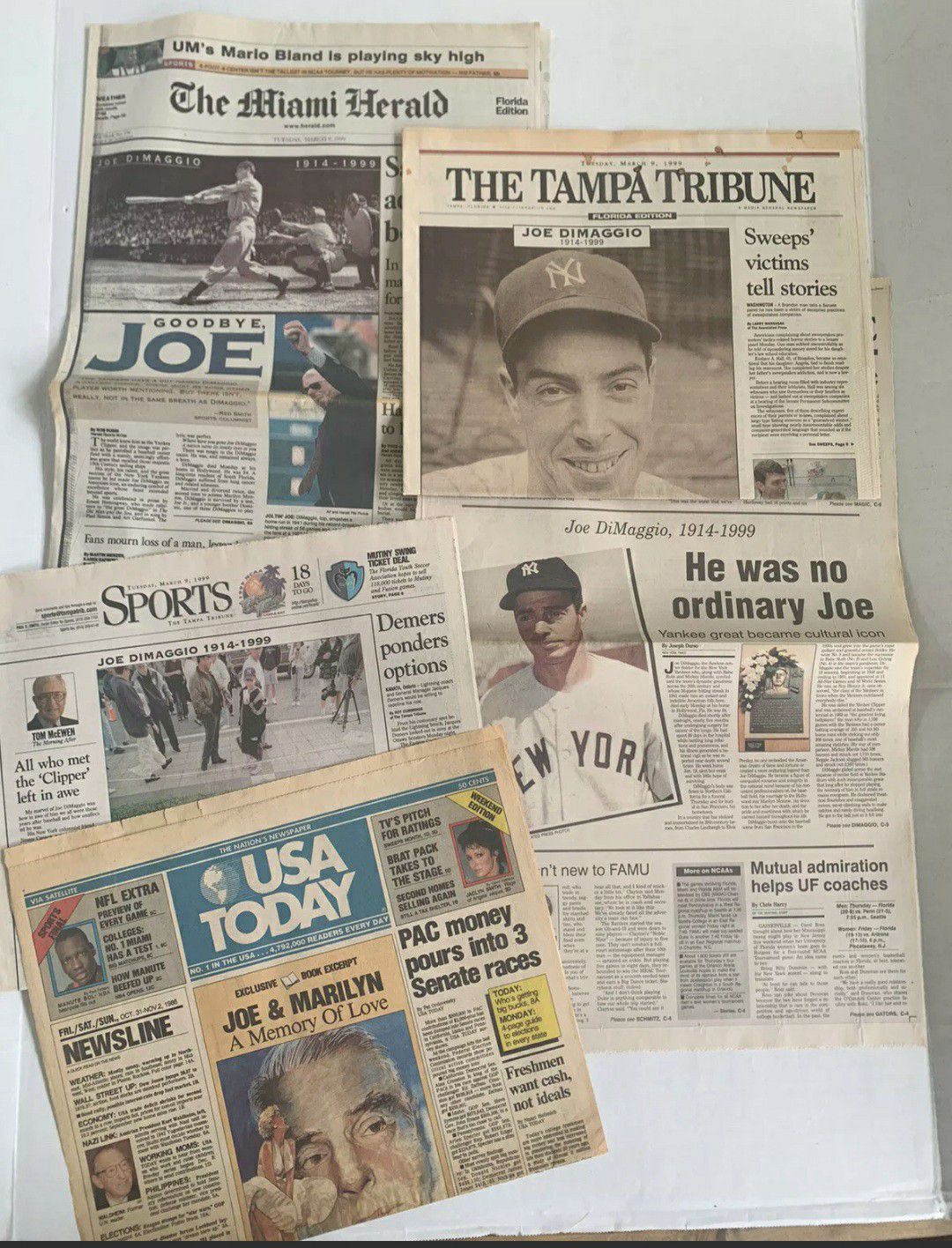 1999 Newspaper Collection Joe DiMaggio Death Yankees Nice Condition!