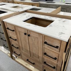 Bathroom vanity cabinet 42” solid mango Quartz top with sink and backsplash 