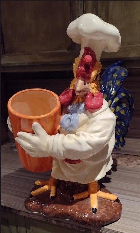 RARE Extra Large Chef Chicken Rooster Ceramic FIGURINE Utensils Wine Bottle Holder