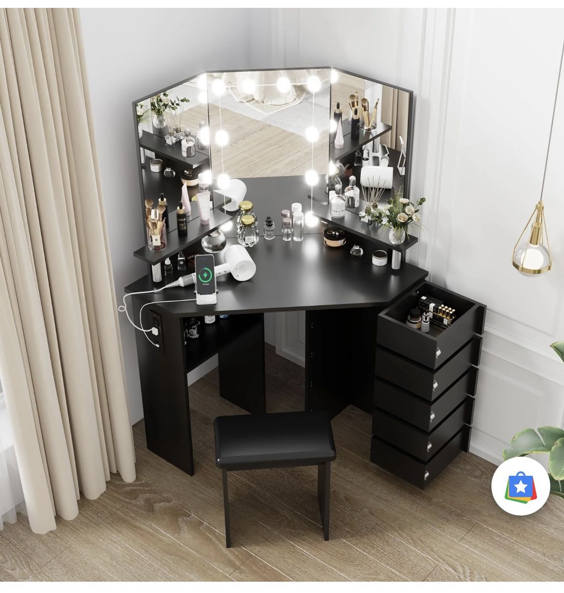 Garvee Corner Makeup Vanity Desk with Lights & Power Outlet - Spacious Tri-Folding Mirror, Adjustable Brightness, 5 Rotating Drawers, Ample Storage, S