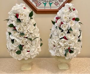 2 TALL LENOX TOPIARY PLANTS WHITE RED FLORAL