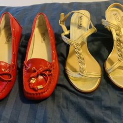 New Women’s Shoes. Designer Michael Kors . Like New Red Loafers Size 6.5  Or New Gold Sandals Size  7 ..$24 Each 