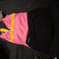 Womens XL Swimsuit .. Bright Pink Yellow Top Black Skirt