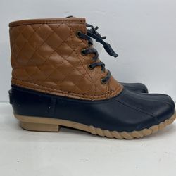 Nautica Dorsay Navy and Brown Faux Leather Duck Rain Boots