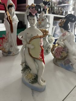 Bisque Porcelain Asian Oriental Nude Women With Instrument 13" Statue Figurine 