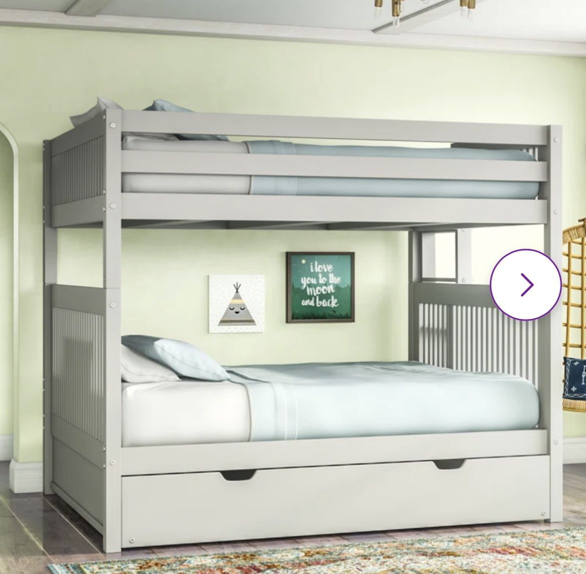 Full Solid Wood Gray Bunk Bed with Trundle Bed