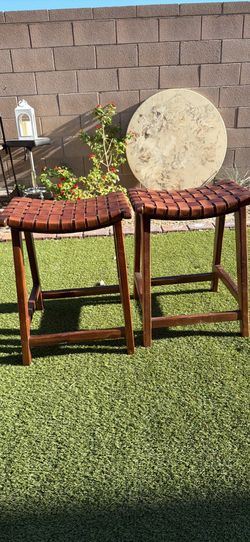 Pair of Boho Woven Leather & Wood Counter Stools – Mint Condition