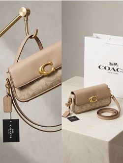 Coach Beige Tan Signature Logo Rectangle Small Shoulder Bag Zip Gold w/Strap