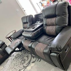 Brand New Brown Leather Recliner Sofa + Loveseat + Chair W/ Cup Holders | Same Day Delivery