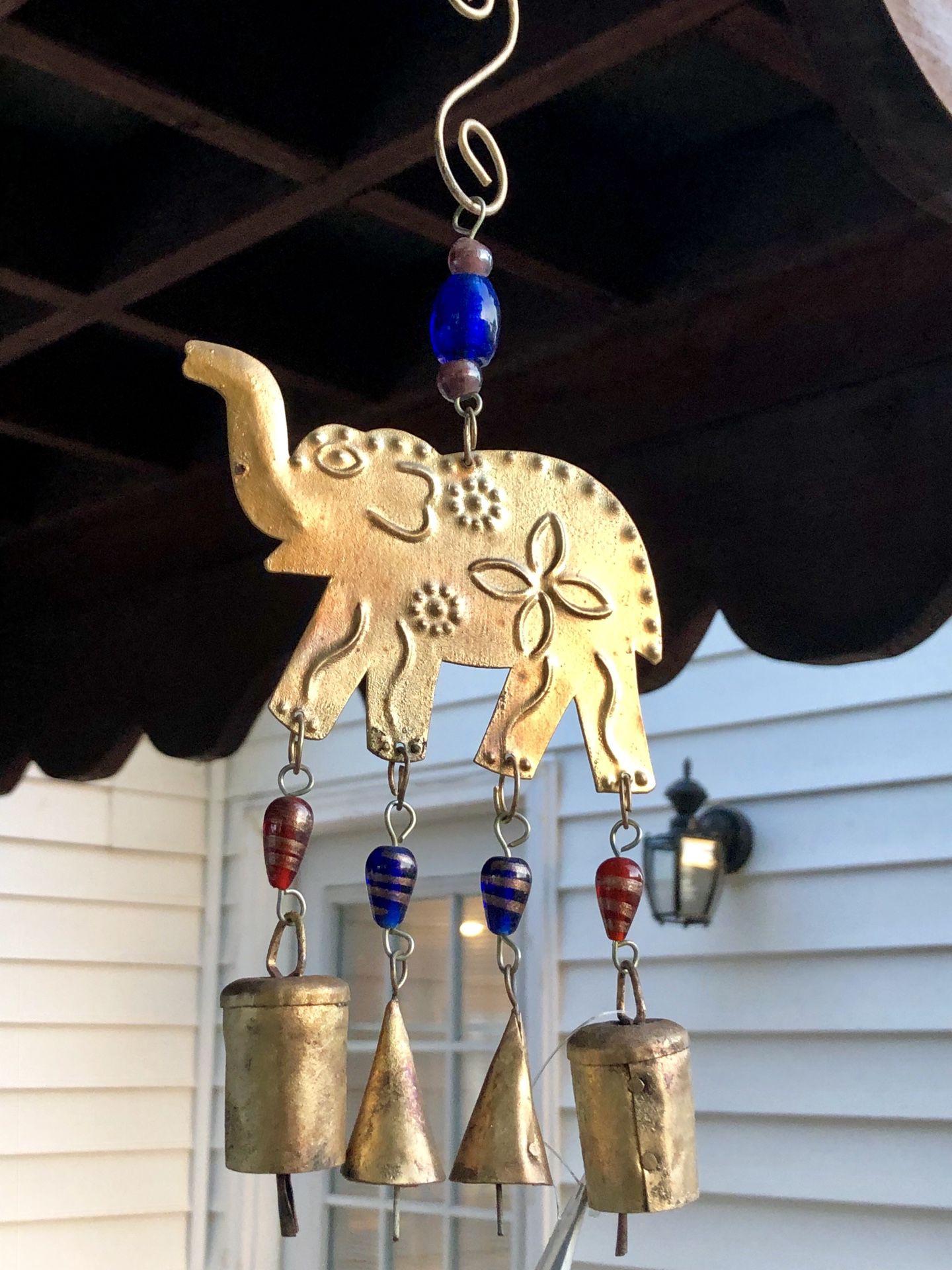Iron Brass Elephant W/ Stained Colored Blue Red Beads & Rustic Bells Wind Chime