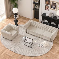 Button Tufted Upholstered Chesterfield Sofa Set Chair and Sofa, 2 Pcs for Living Room, Linen