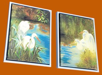 2 Beautiful Egret Oil on Canvas Paintings by P. Charles 26" x 20" Each Coastal Florida Art Set