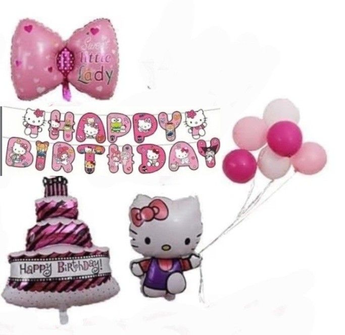 Hello Kitty Birthday Party Balloons And Happy Birthday Banner.