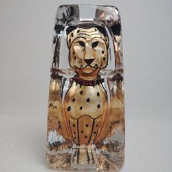 Kosta Sweden Sea Glass Bruk Reverse Hand Painted Leopard 6" Sculpture 