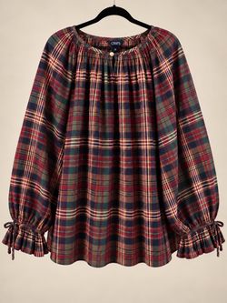 Chaps Green Burgundy Navy Plaid Scoop Neck Long Sleeve Top, Women’s 3X