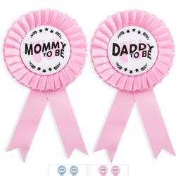 Daddy to Be' and 'Mommy to Be' Tinplate Badge Pins - Large Baby Shower Pins for Girl or Gender Reveal Pins - Beautiful Buttons With Pink Ribbon - Part