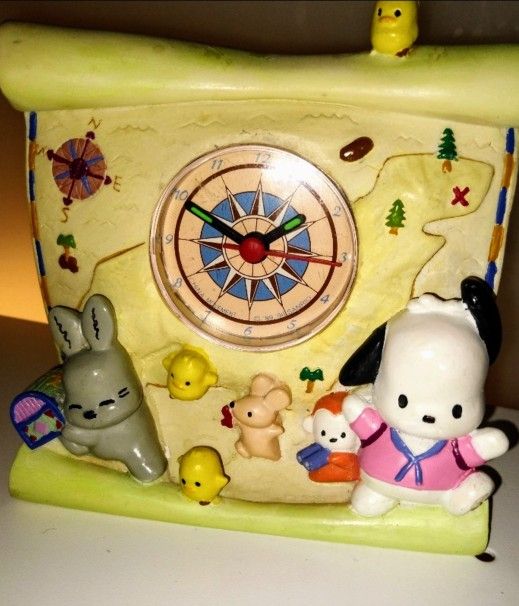 Sanrio Pochacco clock, collectable, toy, antique, Vintage HomeGoods, sale arts craft yellow with pink, white