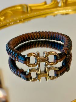 Authentic Iconic Salvatore Ferragamo Gancini Black/Brown Braided Leather Bracelet