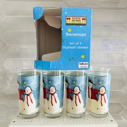New in box vintage Debbie Mumm Sakura/Oneida Snowman Highball Glasses Set Of 4, 16 Oz- Made in USA Unused in original box