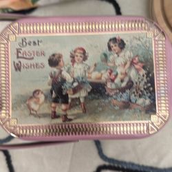 Victorian Easter Wishes Tin Box with Bale Handle Kids Bunnies Eggs Chick Vintage