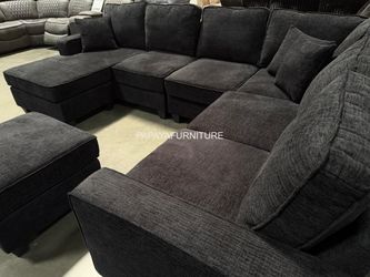 NEW LARGE U Shape Sectional Sofa Chenille Fabric Black Dark Grey Modern and Chaise Set Big SALE Furniture Warehouse Discount Clearance Closeout