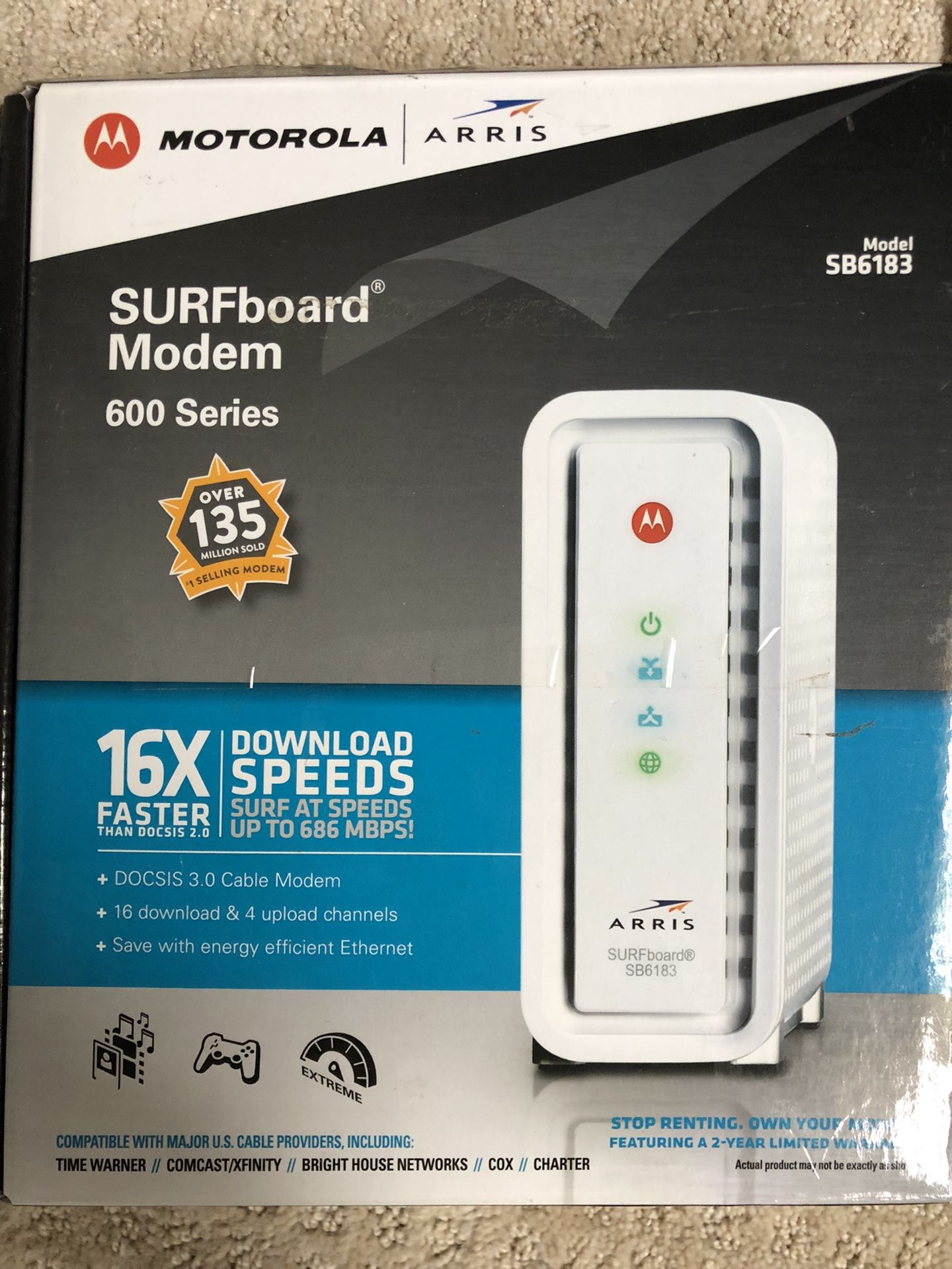 Motorola Arris SB6183 Cable Modem Used Like New With Box And Adapter
