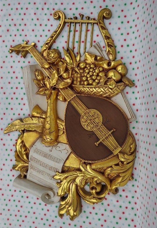 1971 SYROCO #7236 Music Theme Fruit Wall Hanging Plaque Vintage Mandolin Harp