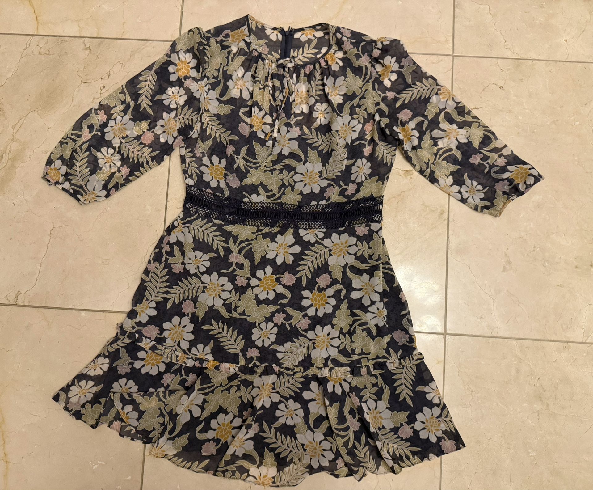 Nordstrom Donna Morgan Womens Floral 3/4 Sleeve Dress Crochet Waist- Size 14