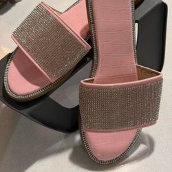 Pink Rhinestone Embellished Slide Sandals Size 38