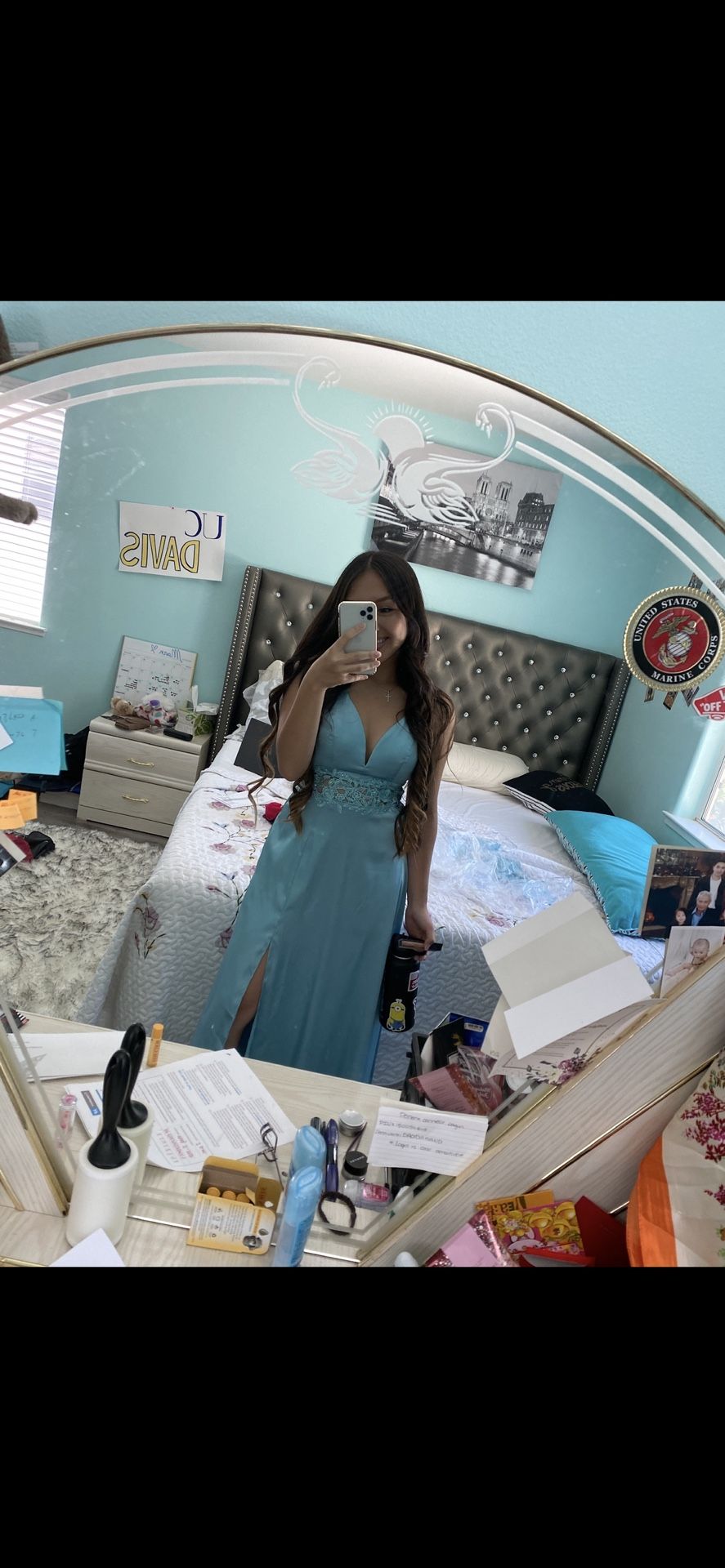 Satin V-Neck Plunge Blue Maxi Prom Dress With Slit Size 3 
