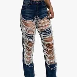 Women's Sexy Ripped Distressed Destroyed Rhinestones Pearls Chain Cocktail Party Denim Pants Jeans