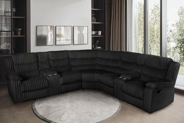 Soft Jumbo corduroy fabric large Reclining Sectional w/2 Cup holders in black