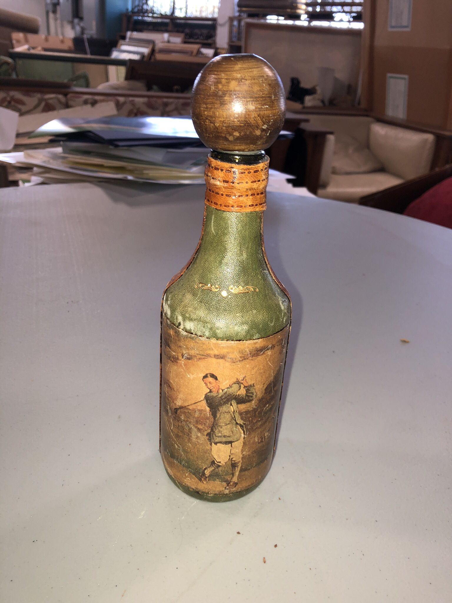 Antique Golf Motif Leather Bottle Flask