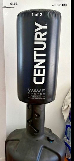 Kickboxing and punching bag, fillable with sand or water to hold down firmly. It’s clean and in very good shape.