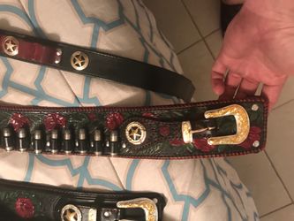 Hand crafted hand Carved hand dyed from pure leather got holster belt for 45 shotgun built for 12 gauge got a shoulder shot gun belt and got Chaps