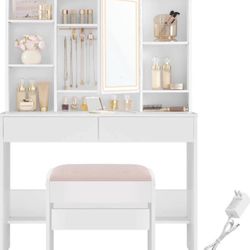 Vanity Desk with Mirror and Lights, Makeup Vanity with Upholstered Vanity Stool, Dimmable LED Lights, Adjustable Shelves, 7 Compartments, 