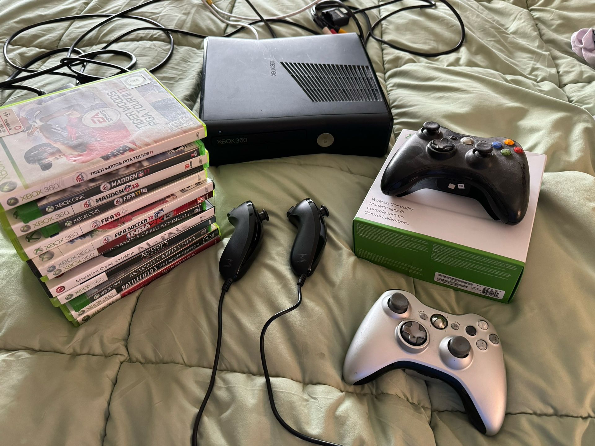 XBOX 360  Console, XBOX 360 2 Controllers, Av Cable, Ac Cable  And Games 