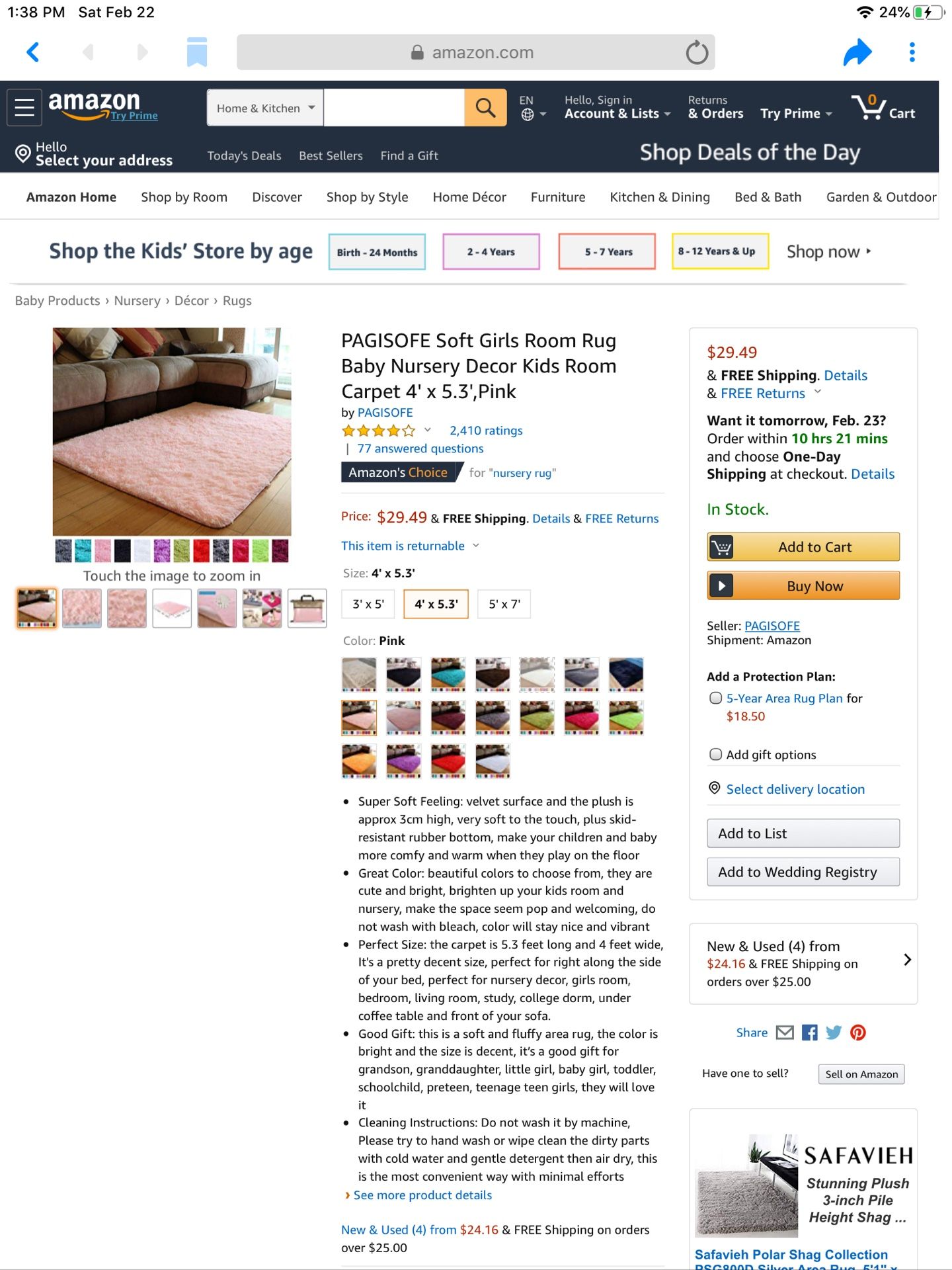PAGISOFE Soft Girls Room Rug Baby Nursery Decor Kids Room Carpet 4' x 5.3',Pink