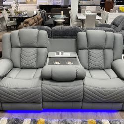Power Reclining Sofa And Loveseat With Blue Led Lighting And Wireless Phone Charger With 110 Outlet And Usb And Micro Usb 