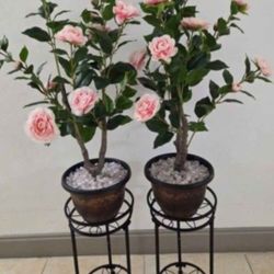 3ft Faux Pink Camellia Trees Topped with Opalite / Clear Stones in 10" Resin Planters / Stands ($35 EACH) @ Lasting Creations