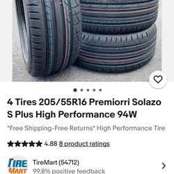 4 Tires 205/55R16 Premiorri Solazo S Plus High Performance 94W TIRES