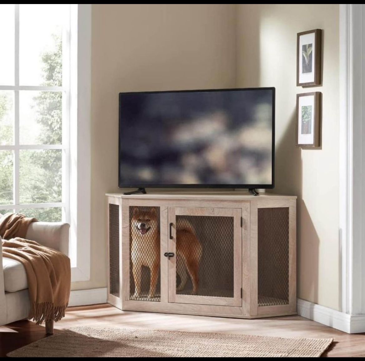 😀 Corner Dog Crate , 52" L Wooden Dog Kennel End Table for Medium Large Dogs, Indoor Dog House with Storage Shelf,