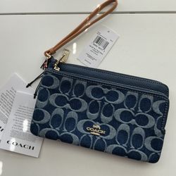 Coach Double Zip Wallet In Signature Denim with Cherry Charm