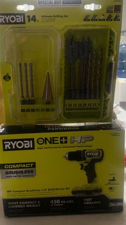 RYOBI ONE+HP 18V Compact Drill/Driver Kit with 18V 2.0Ah HIGH PERFORMANCE battery,charger and ultimate drilling set (14)pc