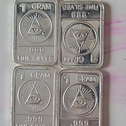 Set Of 4x [1g] All Seeing Eye Bar, ingot, .999 Fine Silver Unique Silver Bars