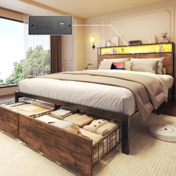 New Queen Bed Base with Charging Station and LED Lights, Metal Bed Frame with 2 Storage Drawers